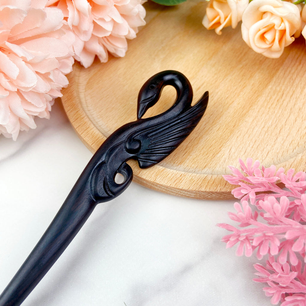 Hand carved swan hairpin black sandalwood hairpin