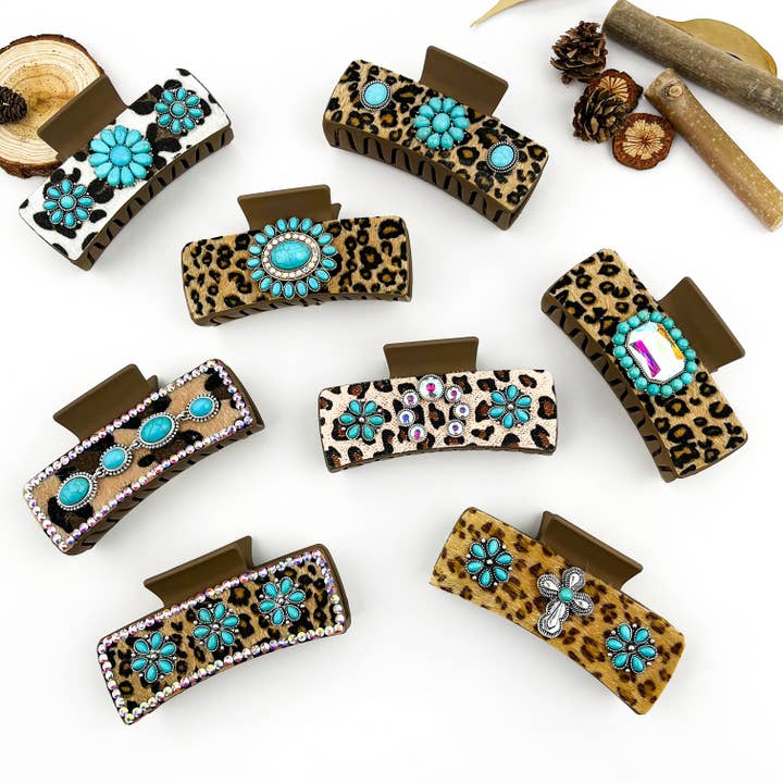 Bohemian National Style Turquoise Grip Western Style Barrettes Vintage Leopard Print Sequined Leather Fashion Hair Clip