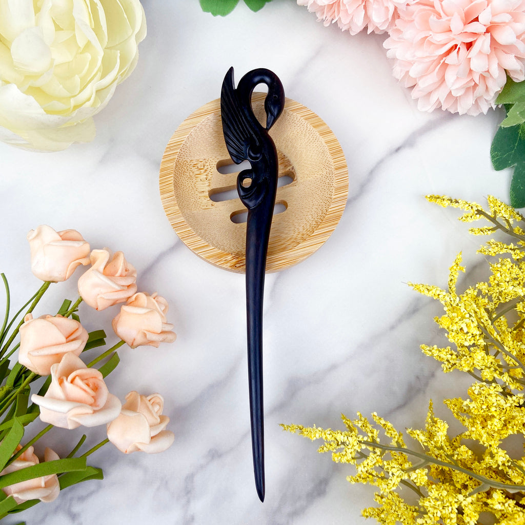 Hand carved swan hairpin black sandalwood hairpin
