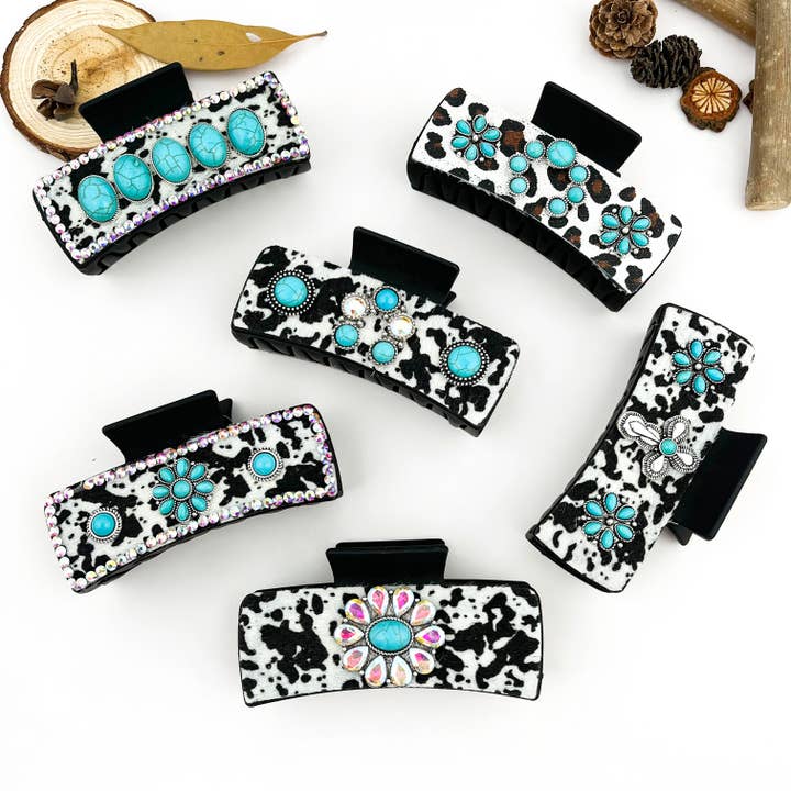Bohemian National Style Turquoise Grip Western Style Barrettes Vintage Leopard Print Sequined Leather Fashion Hair Clip