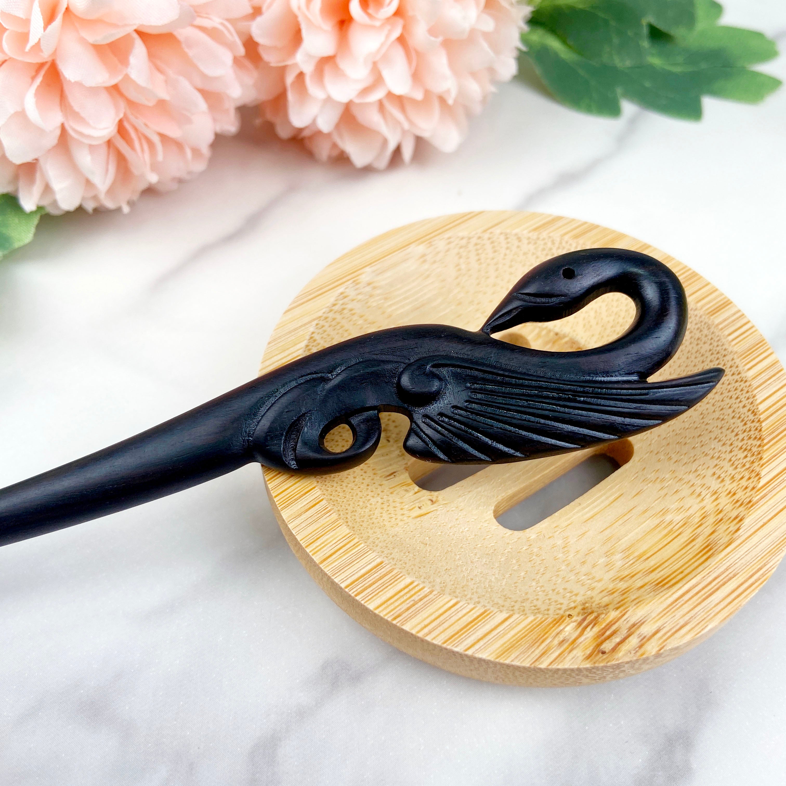 Hand carved swan hairpin black sandalwood hairpin