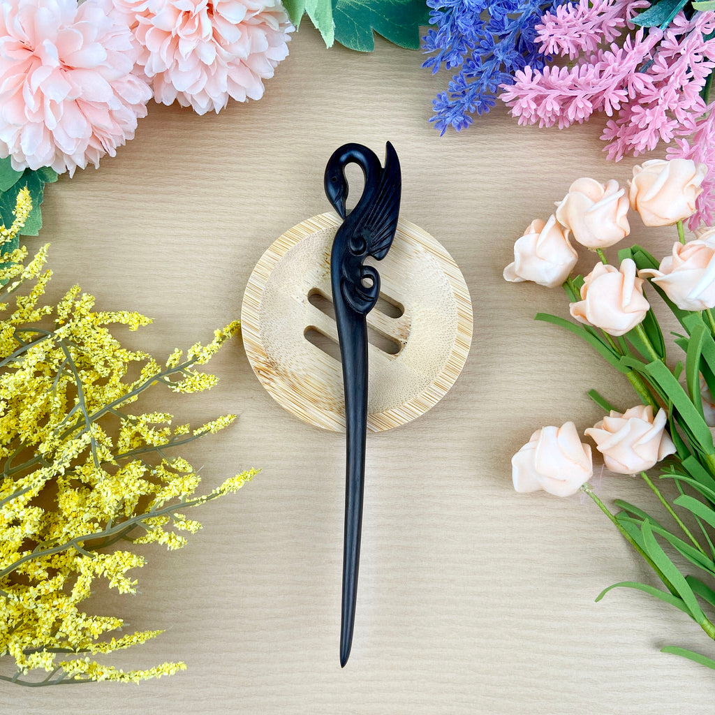 Hand carved swan hairpin black sandalwood hairpin