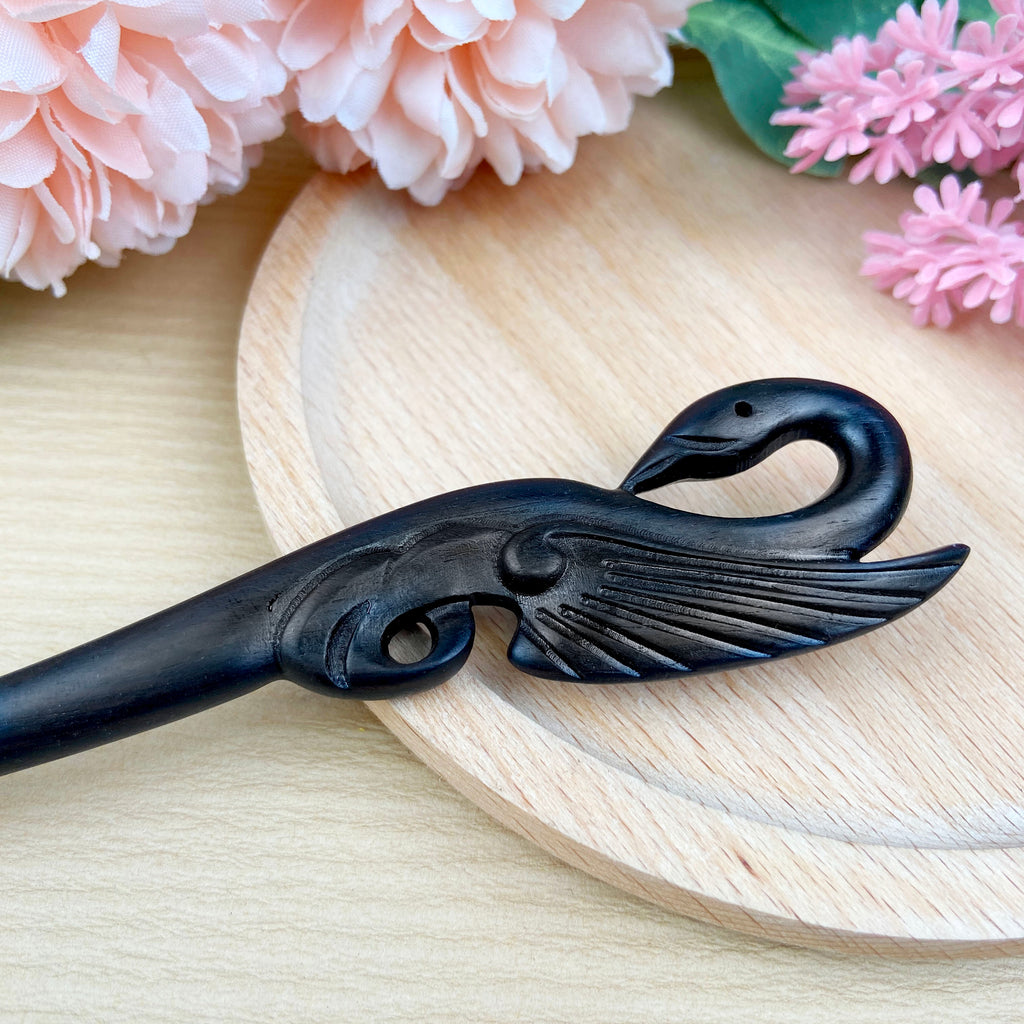 Hand carved swan hairpin black sandalwood hairpin