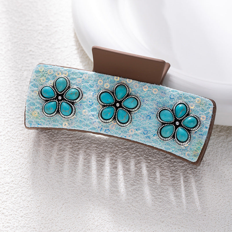 Bohemian National Style Turquoise Grip Western Style Barrettes Vintage Leopard Print Sequined Leather Fashion Hair Clip