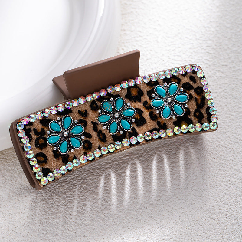Bohemian National Style Turquoise Grip Western Style Barrettes Vintage Leopard Print Sequined Leather Fashion Hair Clip