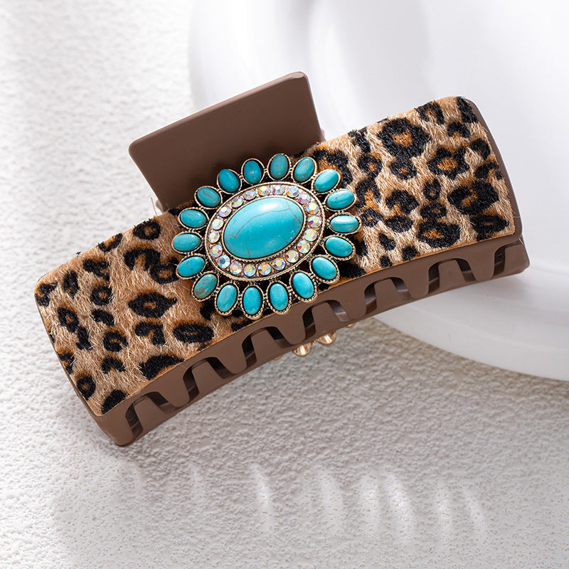 Bohemian National Style Turquoise Grip Western Style Barrettes Vintage Leopard Print Sequined Leather Fashion Hair Clip