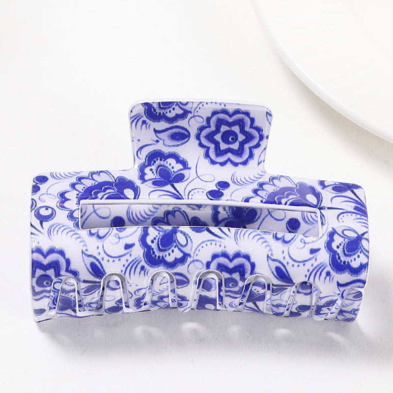 Vintage Blue and White Porcelain Grip Back Head Updo Shark Clip