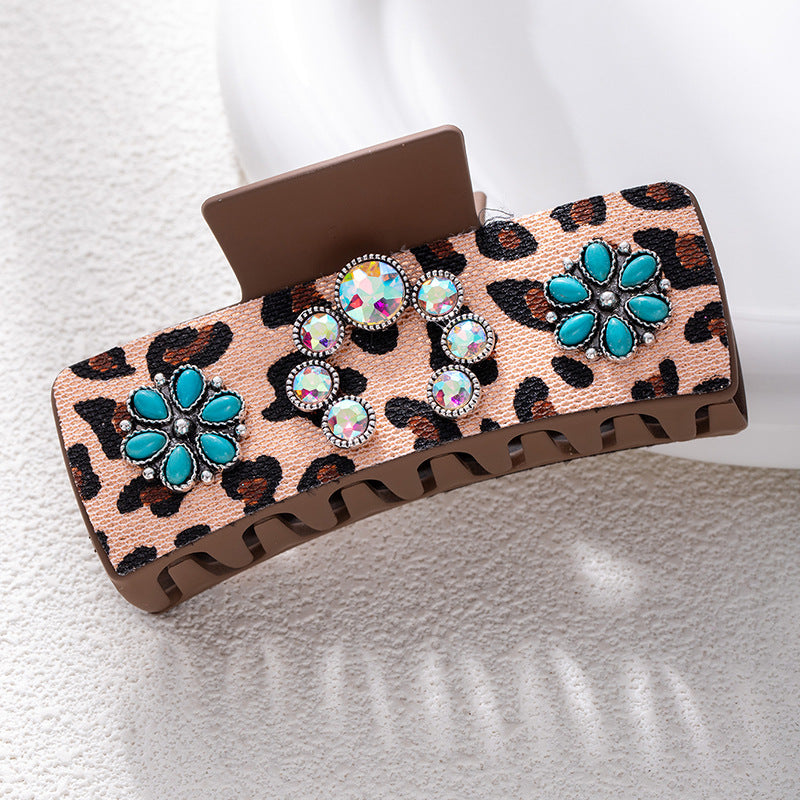 Bohemian National Style Turquoise Grip Western Style Barrettes Vintage Leopard Print Sequined Leather Fashion Hair Clip