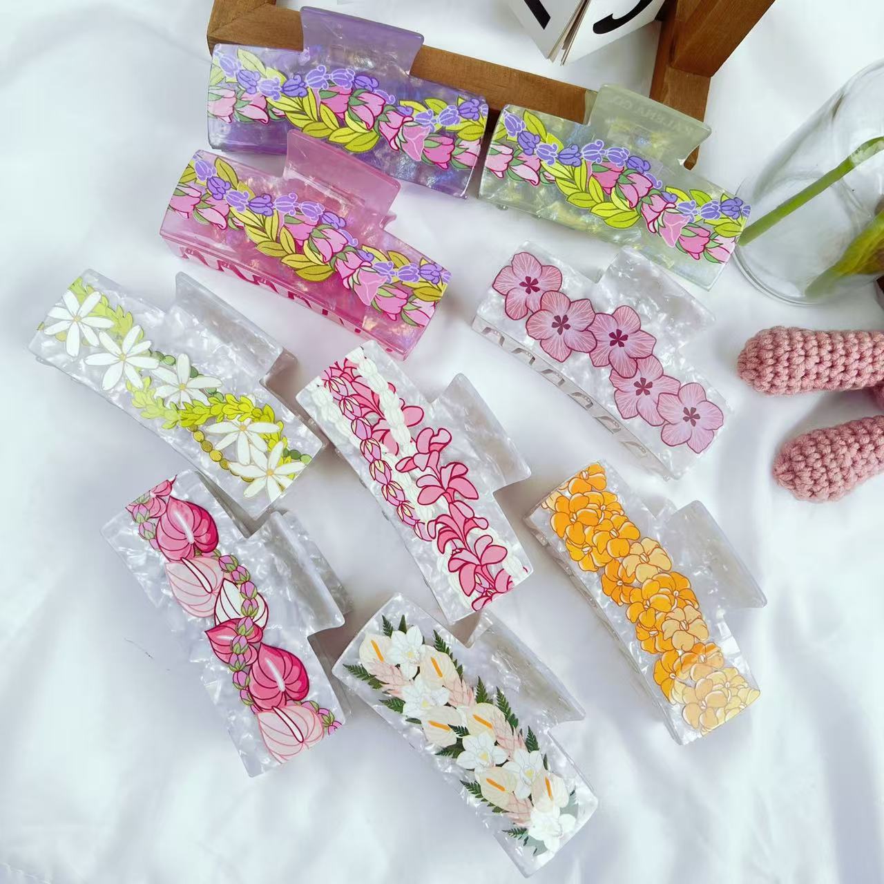 Chain Flower Acetate Grip Large Square Clip Back Head Shark Clip