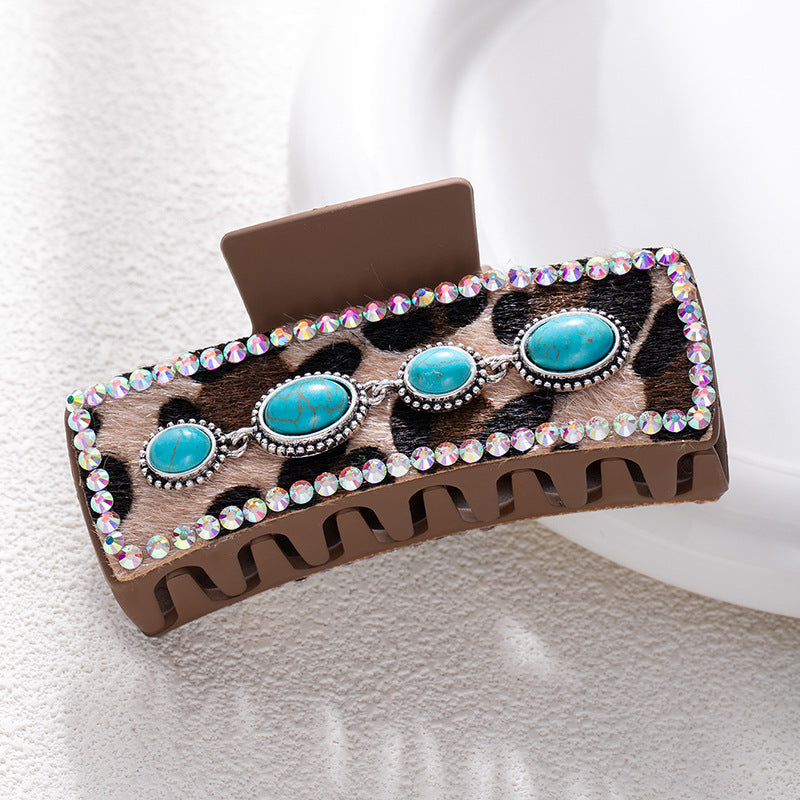 Bohemian National Style Turquoise Grip Western Style Barrettes Vintage Leopard Print Sequined Leather Fashion Hair Clip