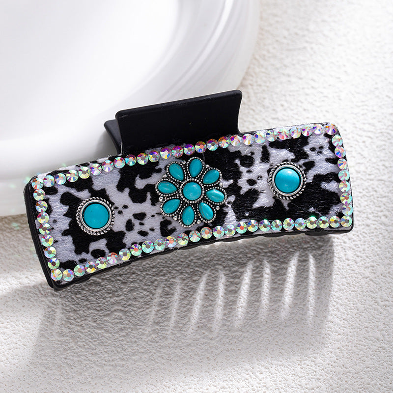 Bohemian National Style Turquoise Grip Western Style Barrettes Vintage Leopard Print Sequined Leather Fashion Hair Clip
