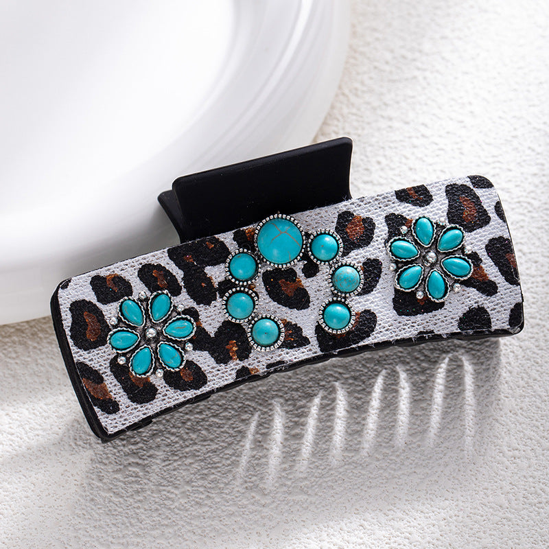Bohemian National Style Turquoise Grip Western Style Barrettes Vintage Leopard Print Sequined Leather Fashion Hair Clip