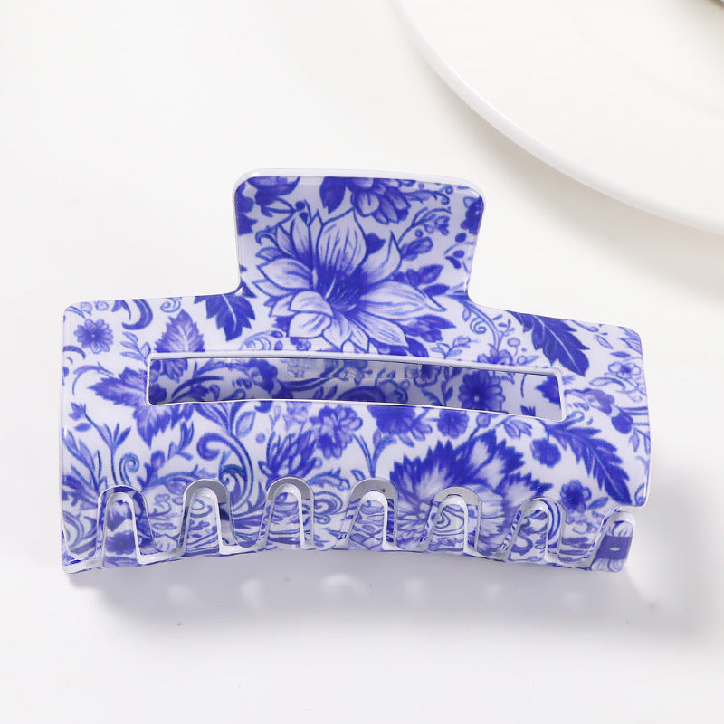 Vintage Blue and White Porcelain Grip Back Head Updo Shark Clip