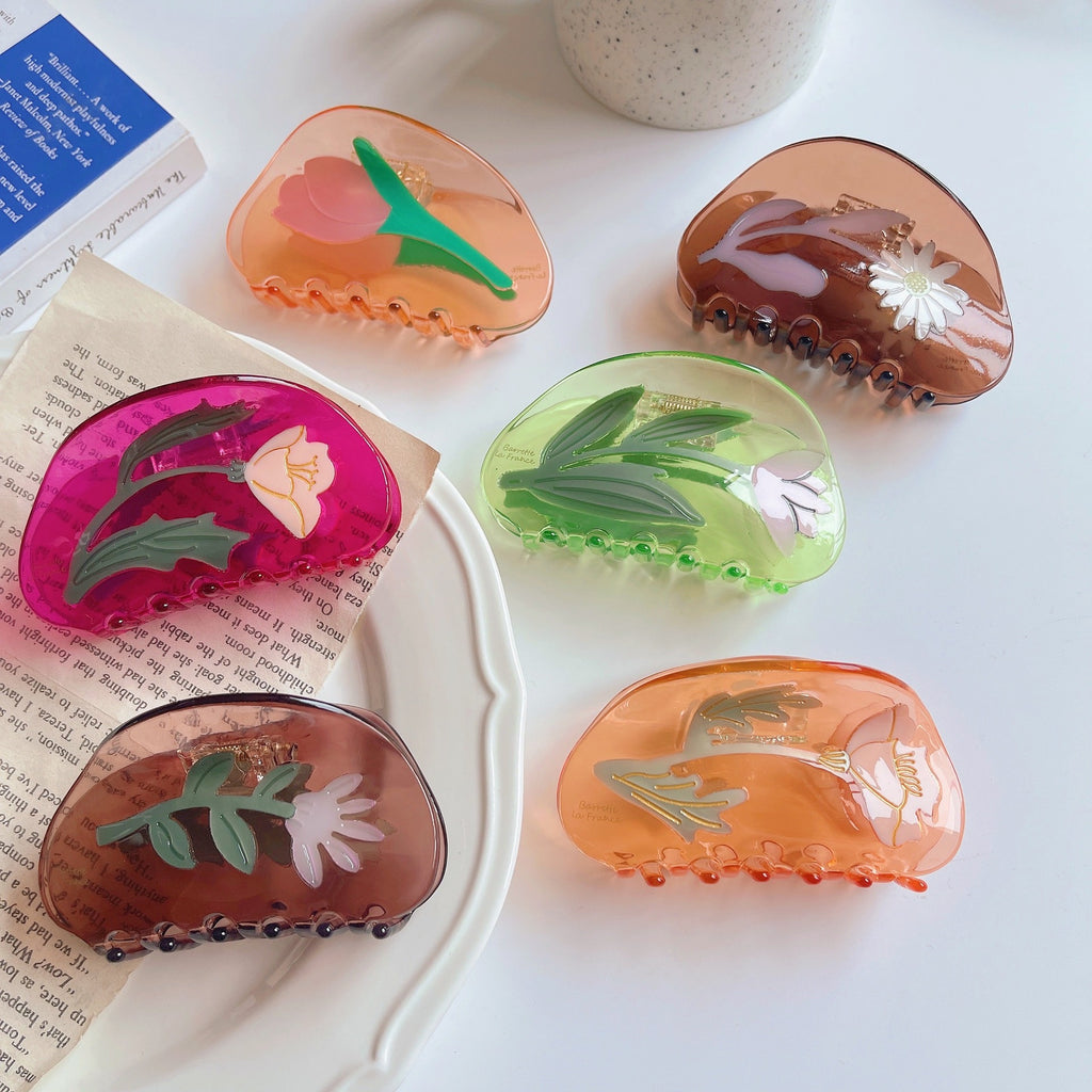 Summer Flower Stitching Grip Acetate Updo Shark Clip