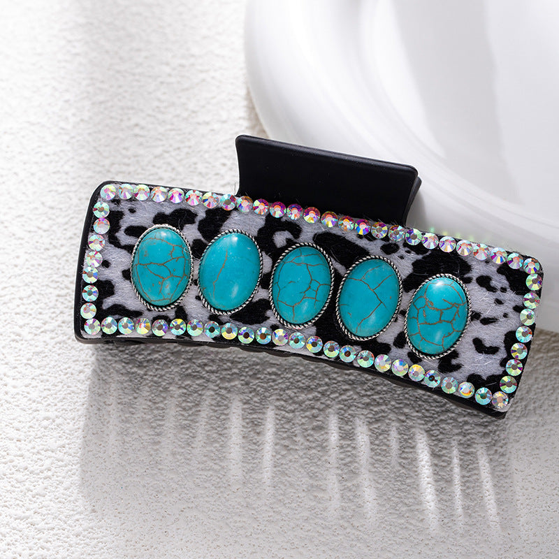 Bohemian National Style Turquoise Grip Western Style Barrettes Vintage Leopard Print Sequined Leather Fashion Hair Clip