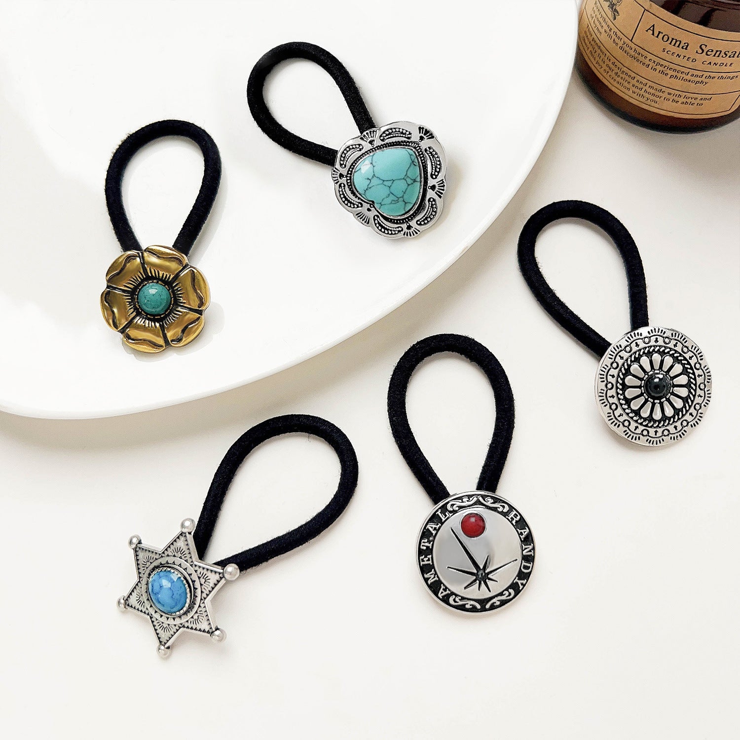 Vintage Inlaid Turquoise Rubber Band Hair Rope High Elasticity Hair Tie Hair Rope