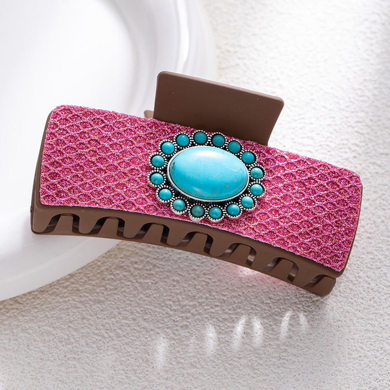 Bohemian National Style Turquoise Grip Western Style Barrettes Vintage Leopard Print Sequined Leather Fashion Hair Clip