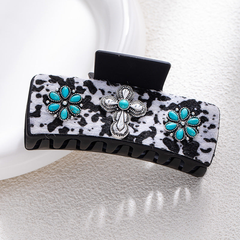 Bohemian National Style Turquoise Grip Western Style Barrettes Vintage Leopard Print Sequined Leather Fashion Hair Clip