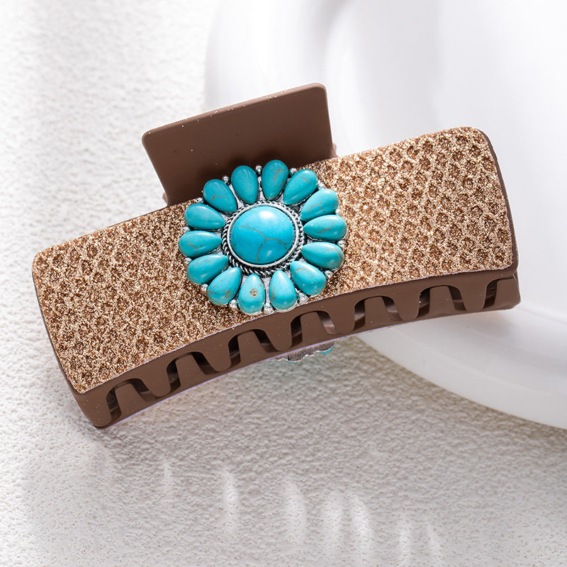 Bohemian National Style Turquoise Grip Western Style Barrettes Vintage Leopard Print Sequined Leather Fashion Hair Clip