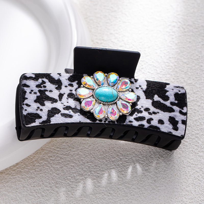 Bohemian National Style Turquoise Grip Western Style Barrettes Vintage Leopard Print Sequined Leather Fashion Hair Clip