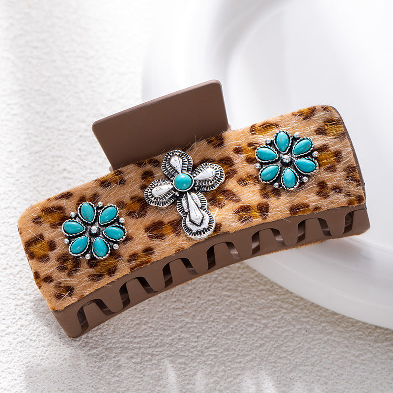 Bohemian National Style Turquoise Grip Western Style Barrettes Vintage Leopard Print Sequined Leather Fashion Hair Clip