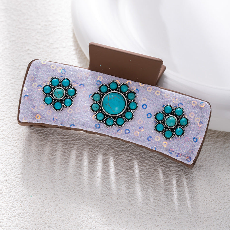 Bohemian National Style Turquoise Grip Western Style Barrettes Vintage Leopard Print Sequined Leather Fashion Hair Clip