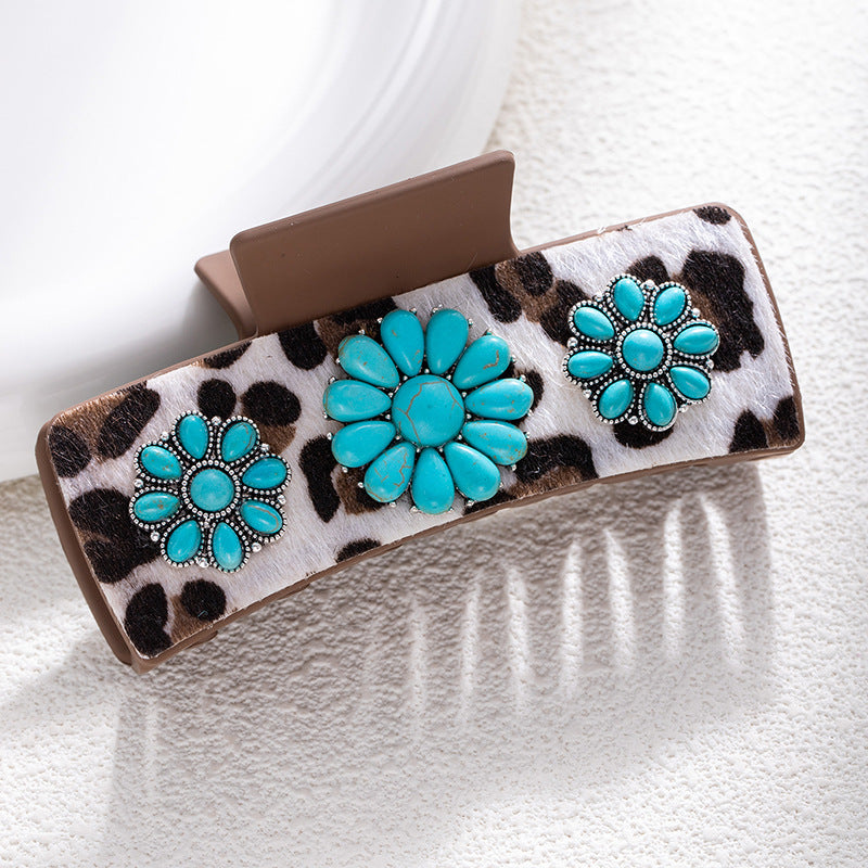 Bohemian National Style Turquoise Grip Western Style Barrettes Vintage Leopard Print Sequined Leather Fashion Hair Clip
