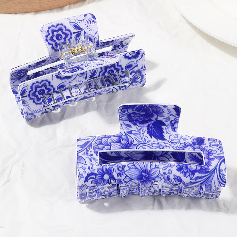 Vintage Blue and White Porcelain Grip Back Head Updo Shark Clip