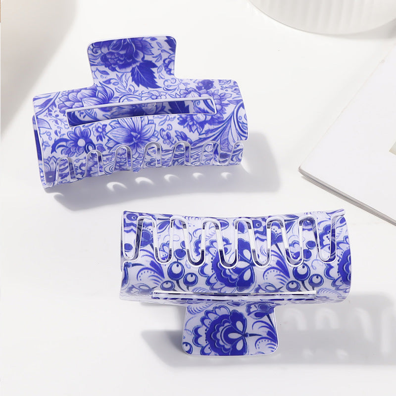 Vintage Blue and White Porcelain Grip Back Head Updo Shark Clip