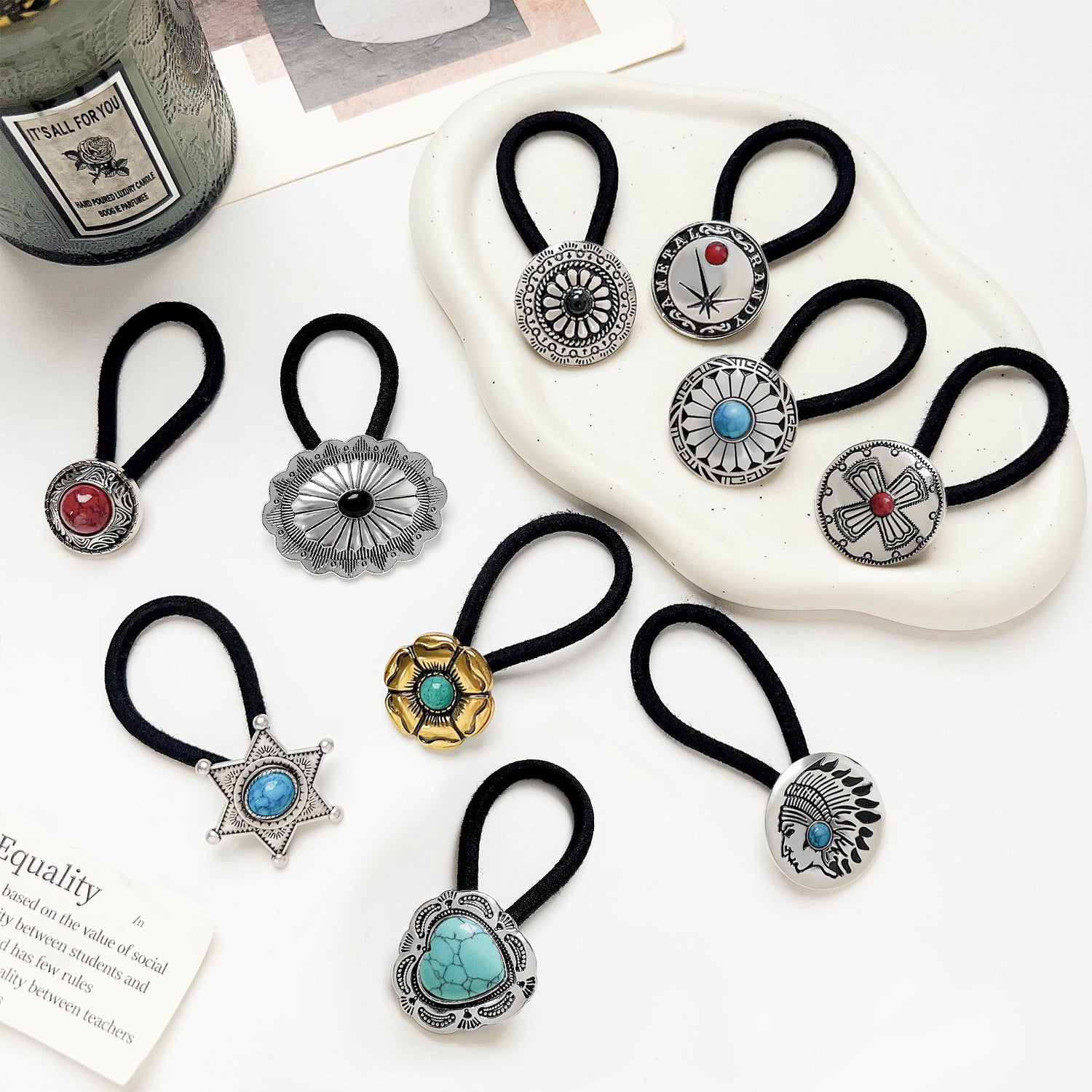 Vintage Inlaid Turquoise Rubber Band Hair Rope High Elasticity Hair Tie Hair Rope