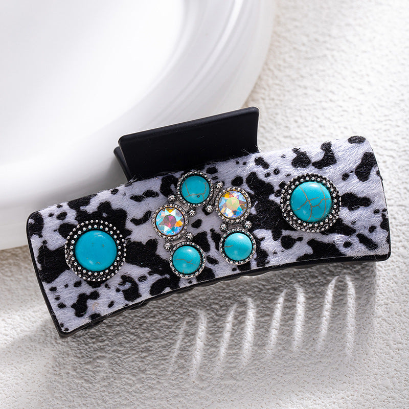 Bohemian National Style Turquoise Grip Western Style Barrettes Vintage Leopard Print Sequined Leather Fashion Hair Clip