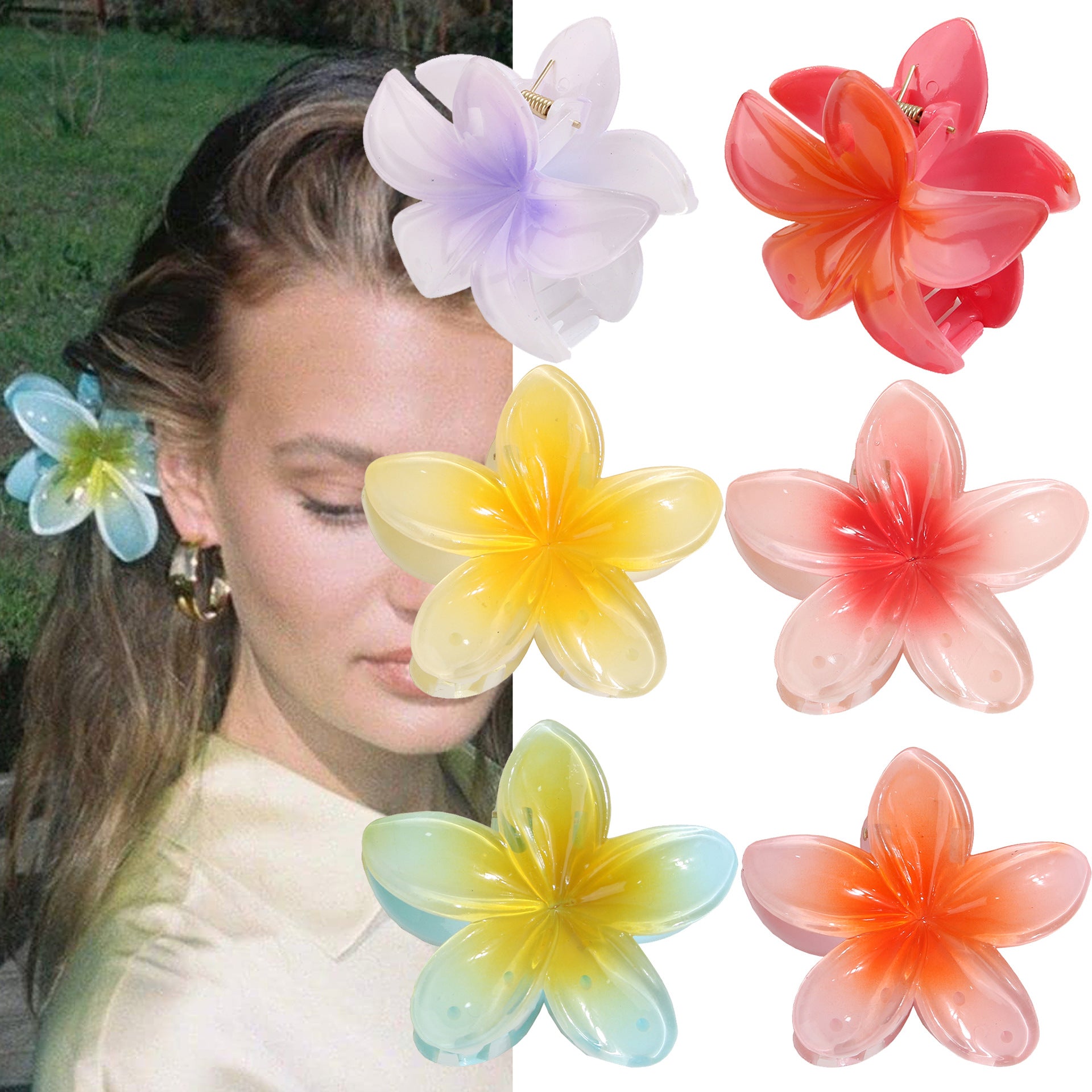 Color Plumeria Rubra Barrettes Side Grab Half Grab Back Head Shark Clip
