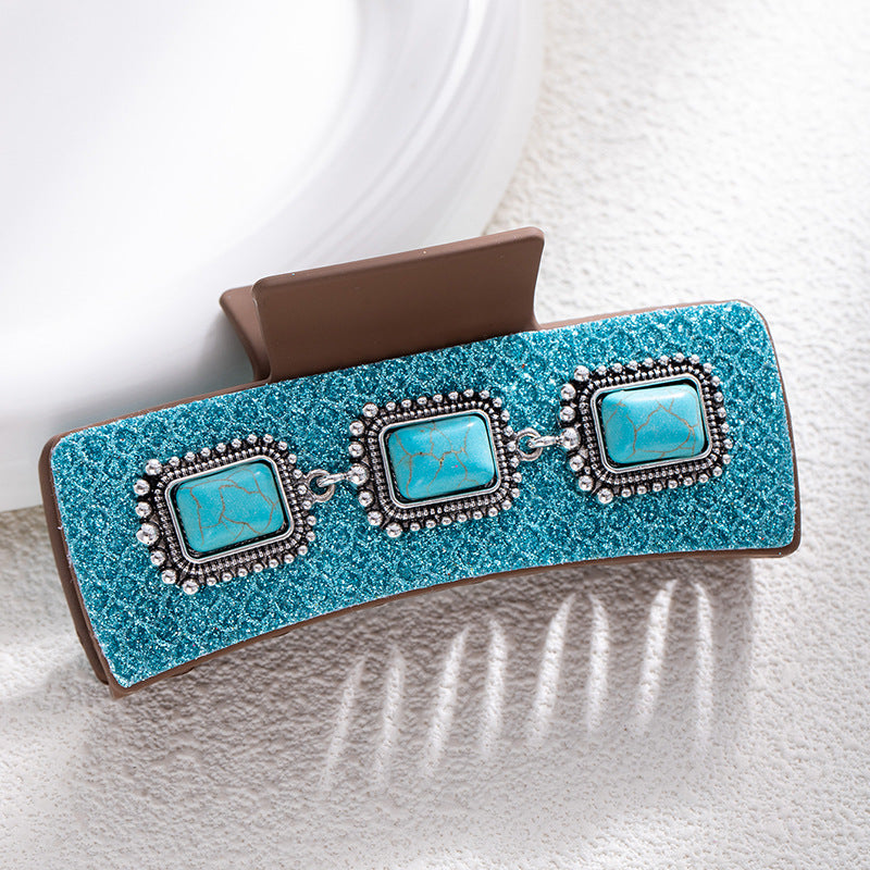 Bohemian National Style Turquoise Grip Western Style Barrettes Vintage Leopard Print Sequined Leather Fashion Hair Clip