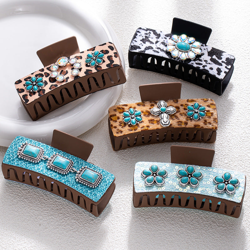 Bohemian National Style Turquoise Grip Western Style Barrettes Vintage Leopard Print Sequined Leather Fashion Hair Clip