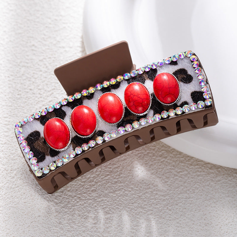 Bohemian National Style Turquoise Grip Western Style Barrettes Vintage Leopard Print Sequined Leather Fashion Hair Clip