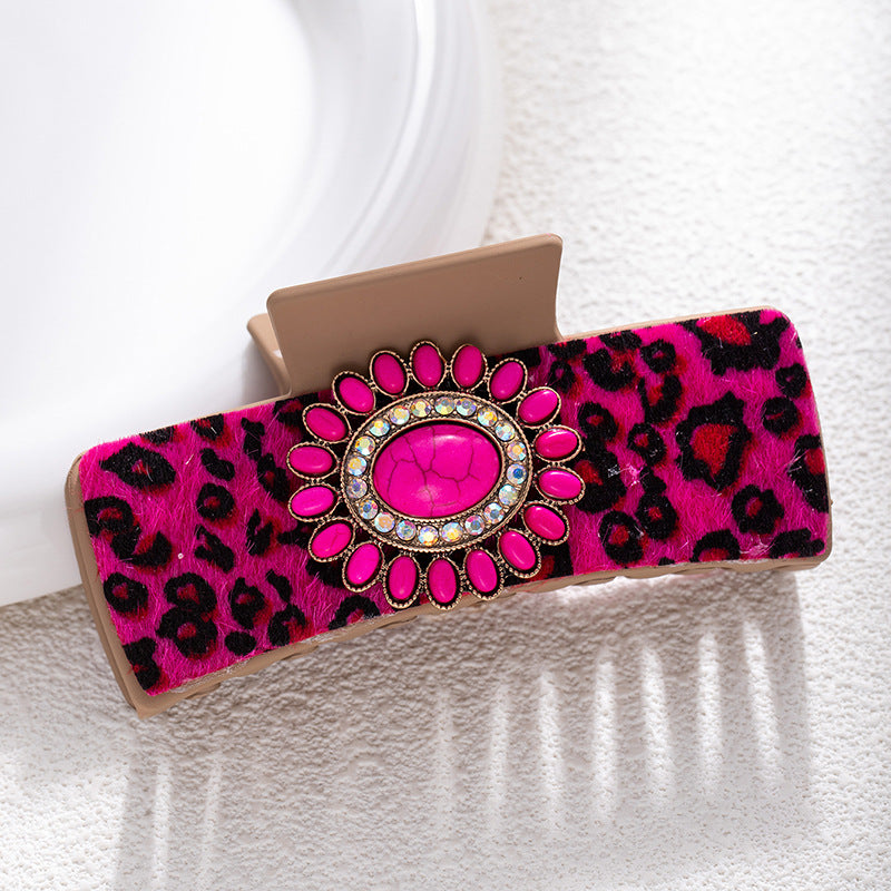 Bohemian National Style Turquoise Grip Western Style Barrettes Vintage Leopard Print Sequined Leather Fashion Hair Clip