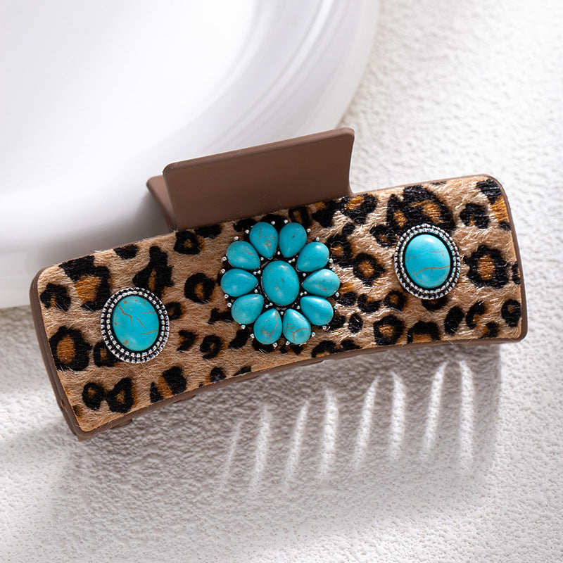 Bohemian National Style Turquoise Grip Western Style Barrettes Vintage Leopard Print Sequined Leather Fashion Hair Clip