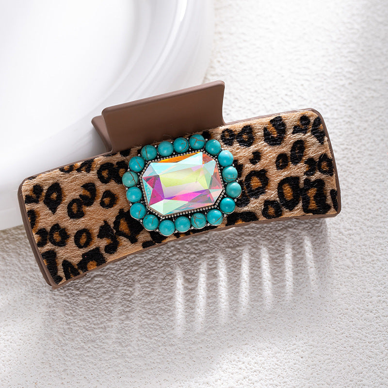 Bohemian National Style Turquoise Grip Western Style Barrettes Vintage Leopard Print Sequined Leather Fashion Hair Clip