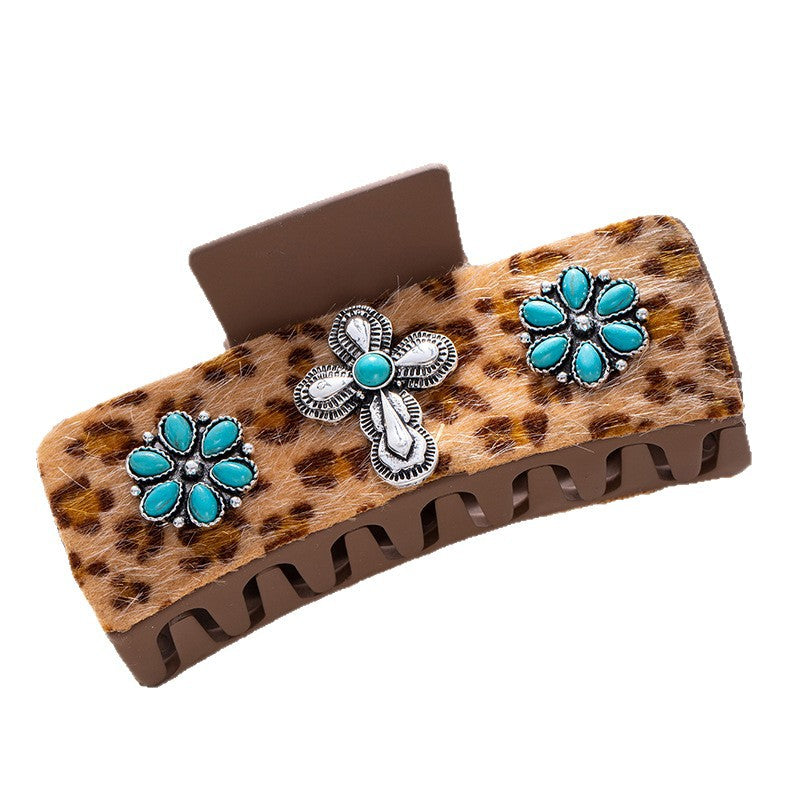 Bohemian National Style Turquoise Grip Western Style Barrettes Vintage Leopard Print Sequined Leather Fashion Hair Clip