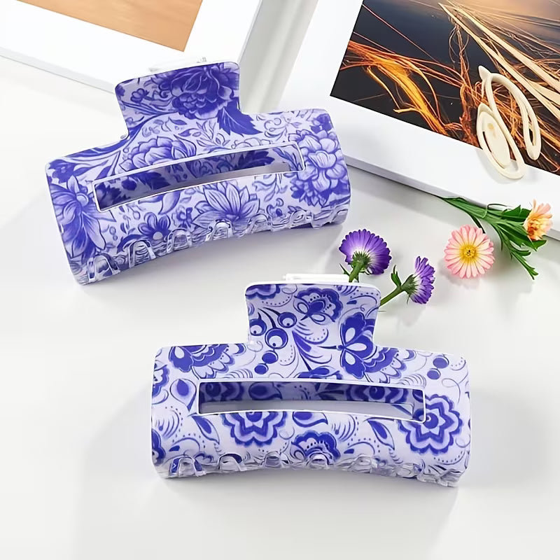 Vintage Blue and White Porcelain Grip Back Head Updo Shark Clip