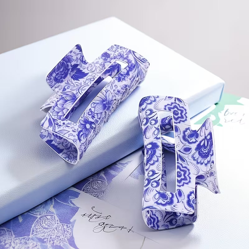 Vintage Blue and White Porcelain Grip Back Head Updo Shark Clip