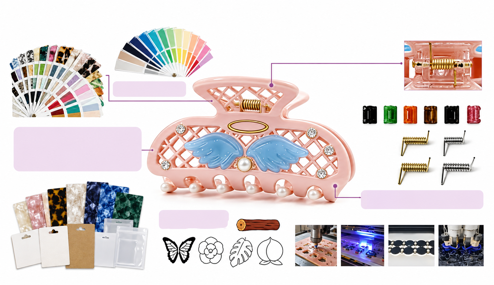 Custom pink winged hair claw infographic with color swatches, material samples, spring hardware, logo options and production details